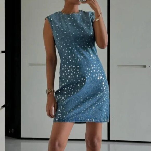 Zara Womens Mini Jean Dress mirror beaded S Small Light Blue Denim 6688/280 NWT - Picture 1 of 12